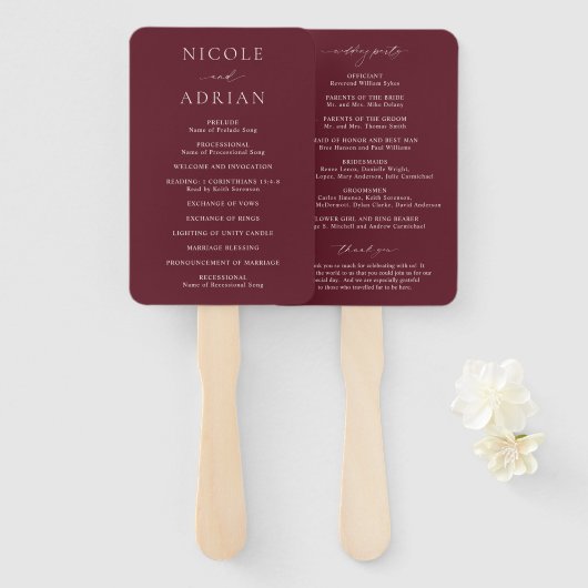 Éventail Programme de mariage élégant de Bourgogne classiqu (Devant et derrière)