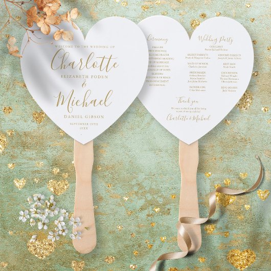 Éventail Programme de mariage élégant écriture dorée Cœur