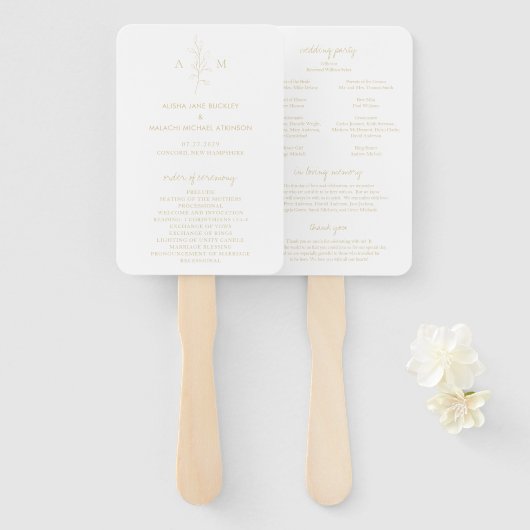 Éventail Programme de mariage élégant en or botanique propr (Devant et derrière)