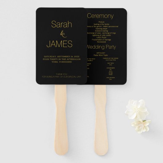 Éventail Programme de mariage élégant en or noir (Devant et derrière)