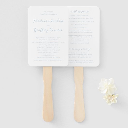Éventail Programme de mariage élégant en poudre bleue avec (Devant et derrière)