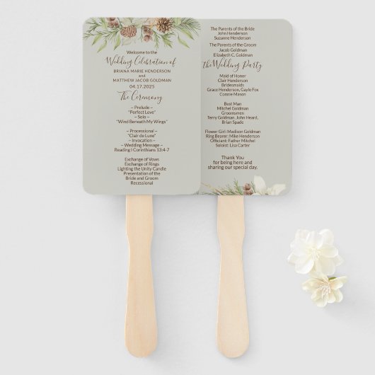 Éventail Programme de mariage élégant en script beige hiver (Devant et derrière)