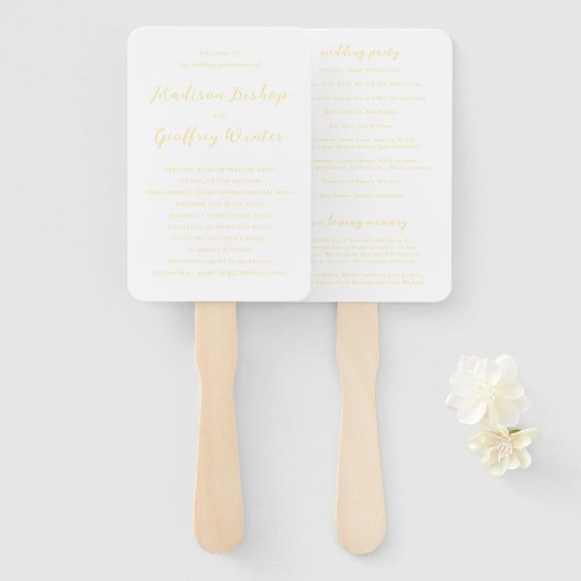 Éventail Programme de mariage élégant en script gras jaune (Devant et derrière)