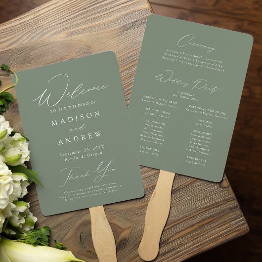 Éventail Programme de Mariage Élégant et Moderne Vert Sauge
