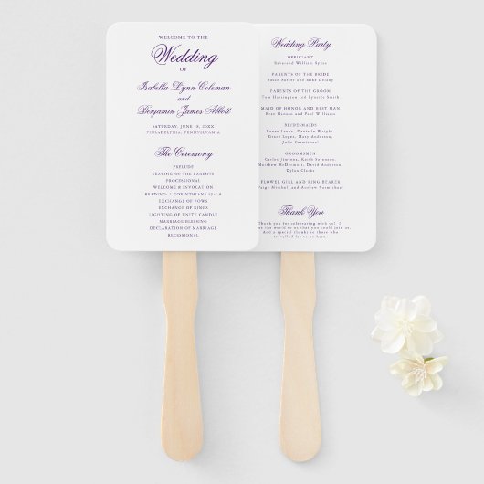 Éventail Programme de mariage élégant et traditionnel viole (Devant et derrière)
