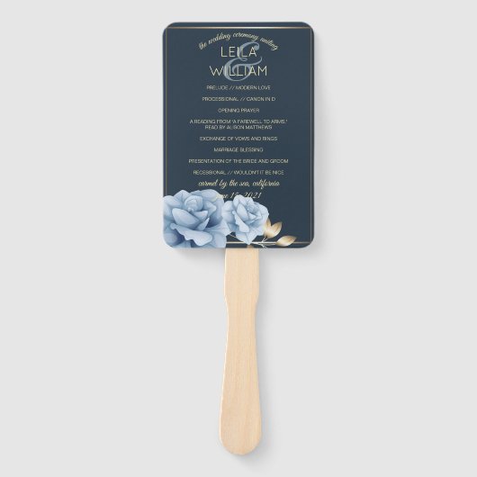Éventail Programme de mariage Élégant Fleur bleue de minuit (Devant)