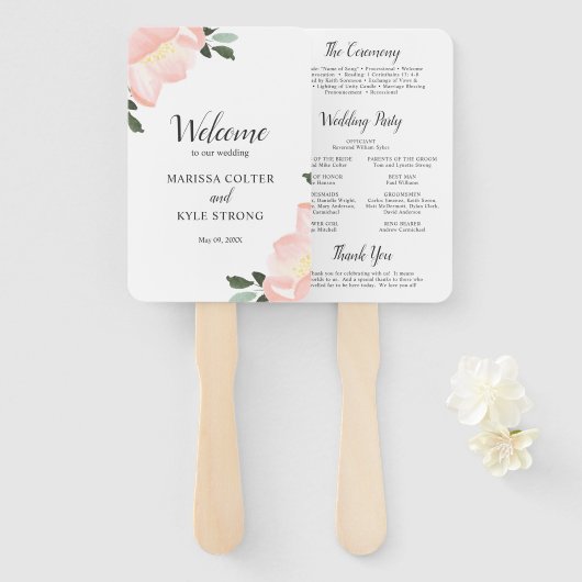 Éventail Programme de mariage élégant floral aquarelle rose (Devant et derrière)