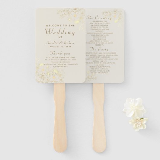 Éventail Programme de Mariage Élégant Floral Or (Devant et derrière)