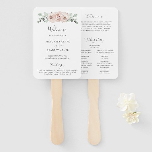 Éventail Programme de mariage élégant floral rose poussiére (Devant et derrière)