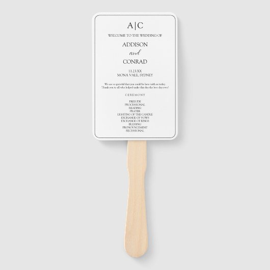 Éventail Programme de Mariage Élégant Monogramme Blanc (Devant)