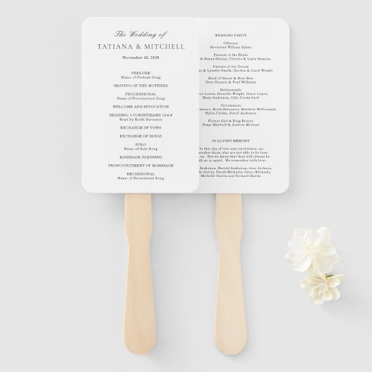 Éventail Programme de mariage élégant noir et blanc classiq (Devant et derrière)