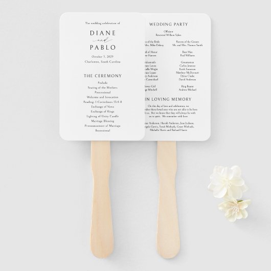 Éventail Programme de mariage élégant noir et blanc moderne (Devant et derrière)