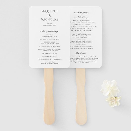 Éventail Programme de mariage élégant noir et blanc moderne (Devant et derrière)