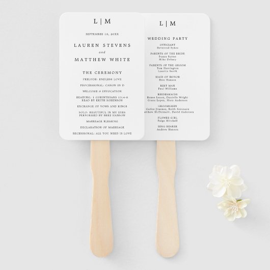 Éventail Programme de mariage élégant noir et blanc simple (Devant et derrière)