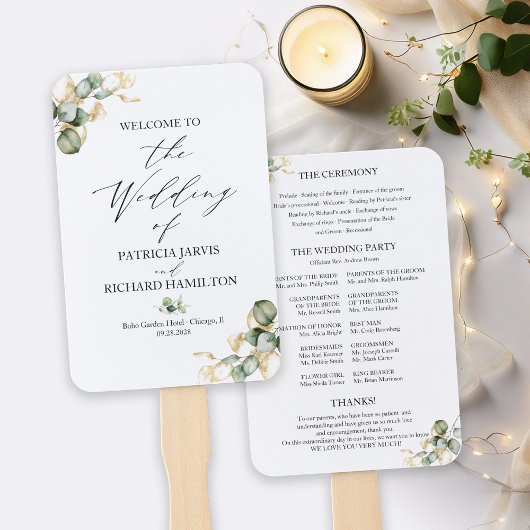 Éventail Programme de mariage élégant or et verdure
