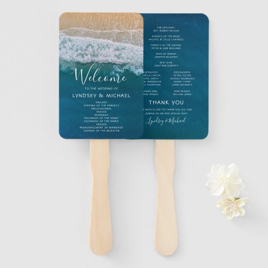 Éventail Programme de mariage élégant sur la plage et l'océ (Devant et derrière)