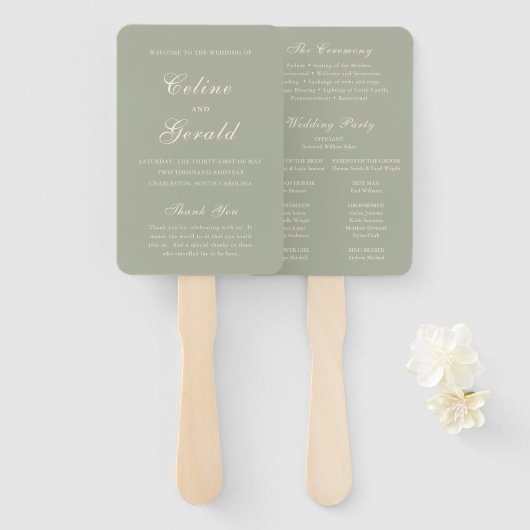 Éventail Programme de mariage élégant vert muet classique (Devant et derrière)