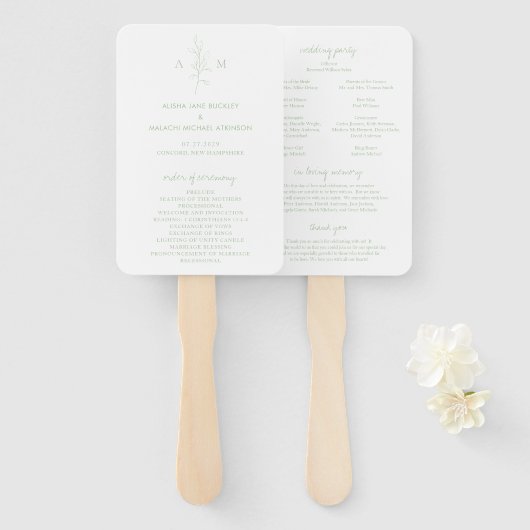 Éventail Programme de mariage élégant vert sauge botanique (Devant et derrière)