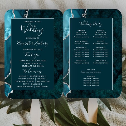 Éventail Programme de mariage en Agate Bleu foncé Argent