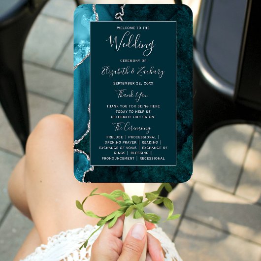 Éventail Programme de mariage en Agate Bleu foncé Argent