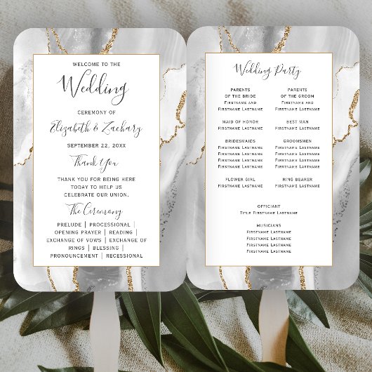 Éventail Programme de mariage en agate gris blanc or