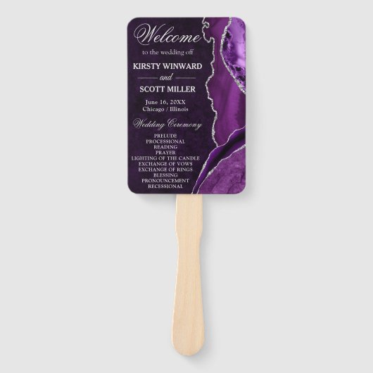 Éventail Programme de mariage en agate pailletée violet et  (Devant)