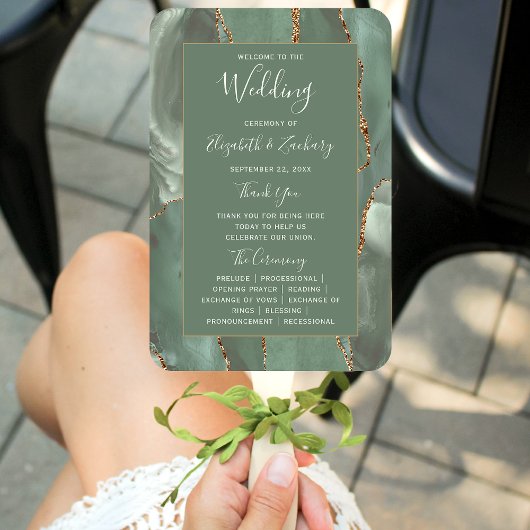 Éventail Programme de mariage en Agate Vert Sauge Or