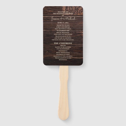 Éventail Programme de mariage en bois brun foncé rustique (Devant)