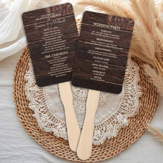 Éventail Programme de Mariage en Bois Brun Foncé Rustique