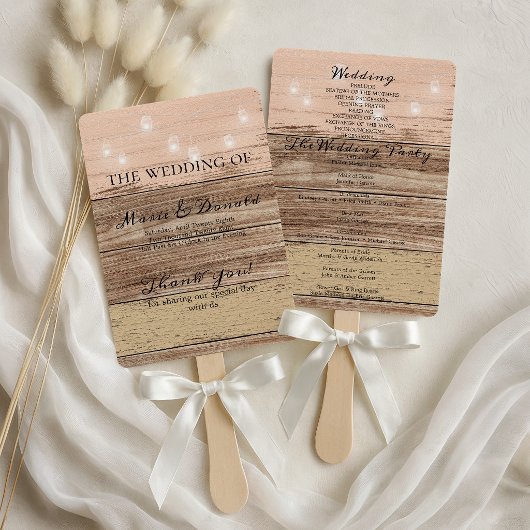 Éventail Programme de mariage en bois rose rustique et lant