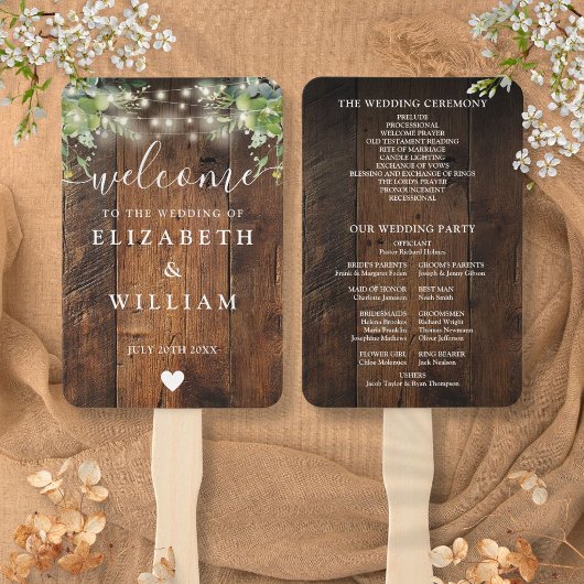 Éventail Programme de mariage en bois rustique avec guirlan