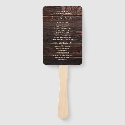 Éventail Programme de mariage en bois rustique brun foncé (Devant)