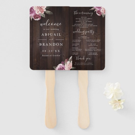 Éventail Programme de mariage en bois rustique mauve (Devant et derrière)