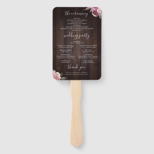 Éventail Programme de mariage en bois rustique mauve (Dos)