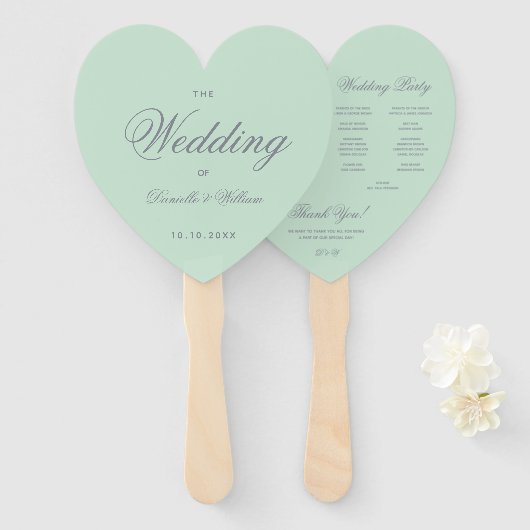 Éventail Programme de mariage en calligraphie gris vert men (Devant et derrière)