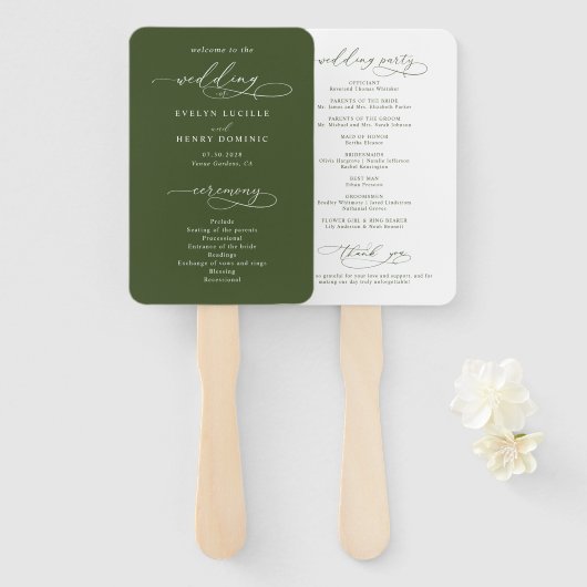 Éventail Programme de mariage en calligraphie Olive Green (Devant et derrière)