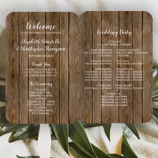 Éventail Programme de mariage en calligraphie rustique en b