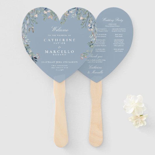 Éventail Programme de mariage en cascade florale bleu pouss (Devant et derrière)