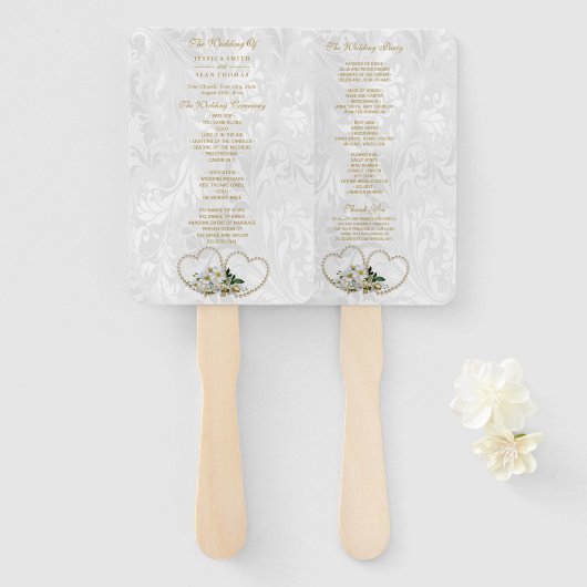 Éventail Programme de mariage en damas Perles Cœurs et Fleu (Devant et derrière)