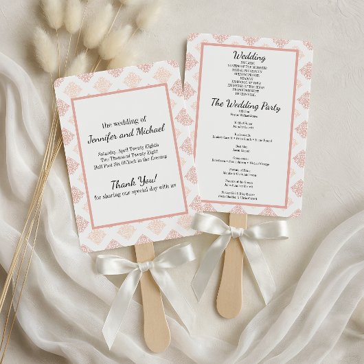 Éventail Programme de mariage en damas rose pêche doux