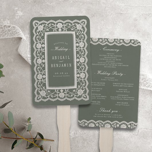 Éventail Programme de mariage en dentelle florale vert saug