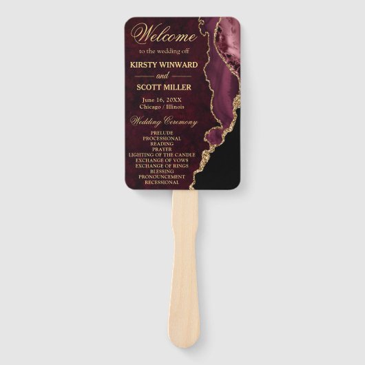 Éventail Programme de mariage en faux agate pailleté rouge (Devant)