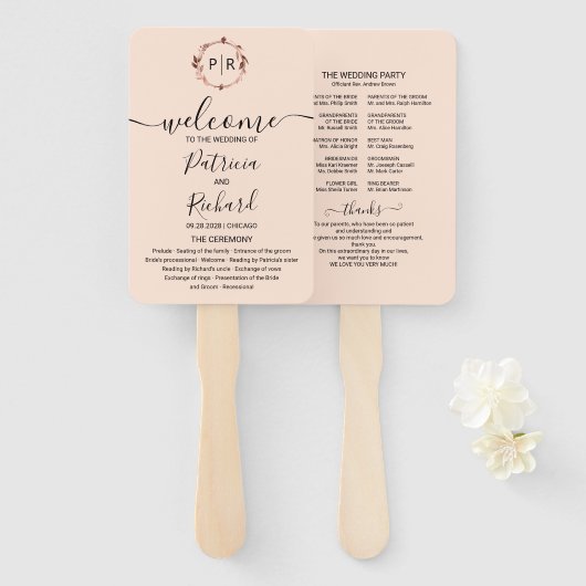 Éventail Programme de mariage en feuille d'or rose pêche év (Devant et derrière)