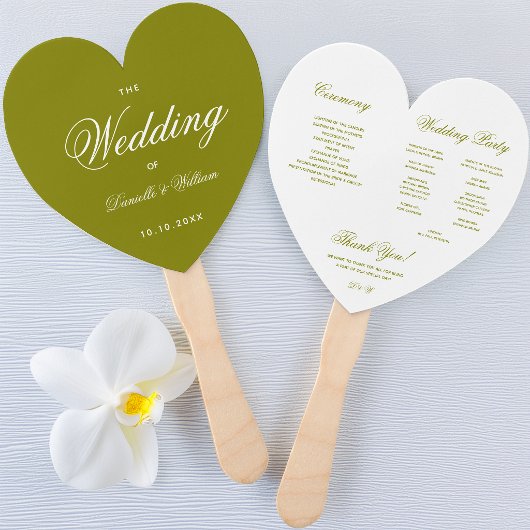Éventail Programme de mariage en forme de coeur vert olive