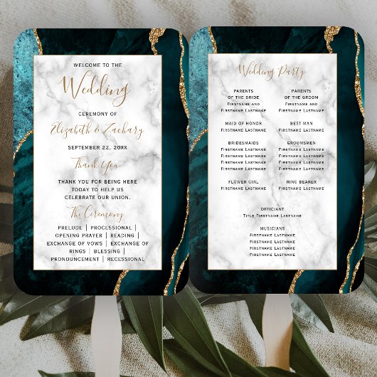 Éventail Programme de mariage en marbre d'agate sarcelle or