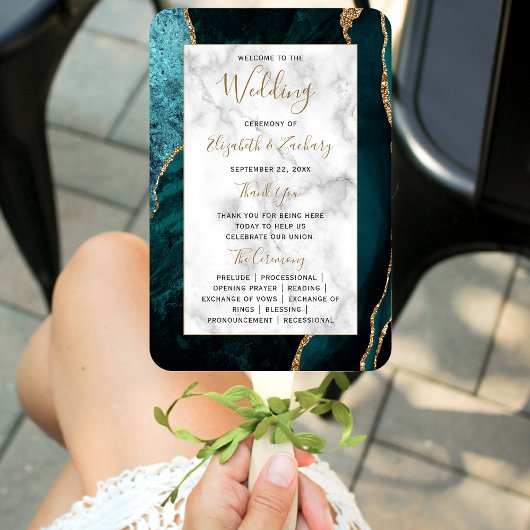Éventail Programme de mariage en marbre d'agate sarcelle or