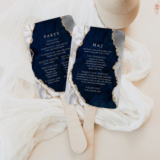 Éventail Programme de mariage en marbre Navy, blanc et agat