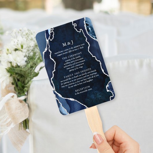 Éventail Programme de mariage en marbre Navy et agate argen