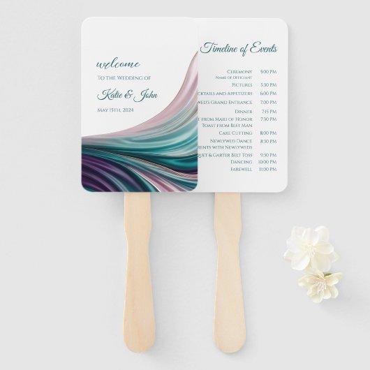 Éventail Programme de mariage en soie sarcelle et blush (Devant et derrière)