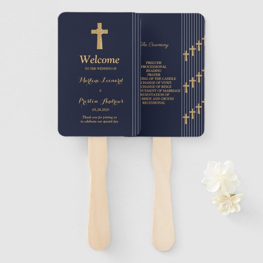 Éventail Programme de mariage en typographie élégante bleu (Devant et derrière)